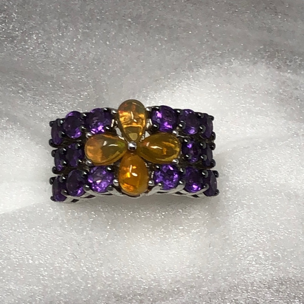 Ethiopian Opal & Rhodolite Ring Rhodium Over Sterling Silver Band Size 5.75 - Picture 15 of 16
